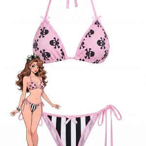 [Pre-Sale] Pink 1980s Gothic Skull Printed Striped Bikini Set