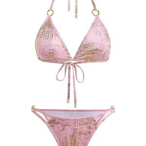 Pink 1980s Metallic Ring Triangle Halter Bikini Set
