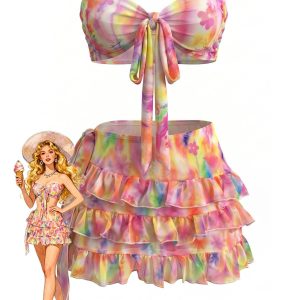 Pink 1980s Tie Dye Floral Bikini Set & Cover-UP
