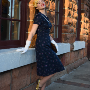 Pure Cotton Blue 1940s Puff Sleeves Floral Dress