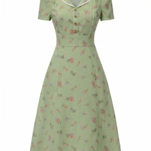 Green 1940s Puff Sleeves Floral Dress