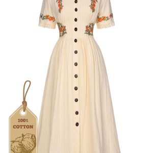 Pure Cotton Beige 1940s V-Neck Floral Dress
