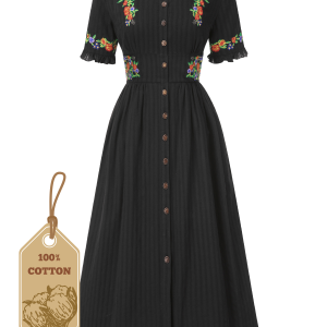 Pure Cotton Black 1940s V-Neck Floral Dress