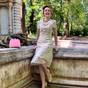 Pure Cotton Beige 1940s Puff Sleeves Floral Dress