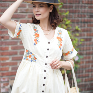 Pure Cotton Beige 1940s V-Neck Floral Dress