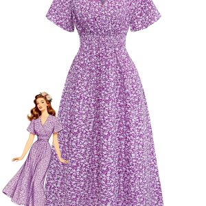 Purple 1940s Ditsy Floral Short Sleeves Fitted Midi Dress