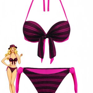 Purple 1960s Halter Striped Bow-Tie Bikini Set