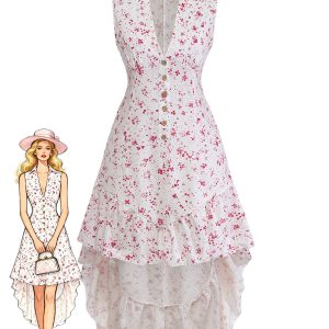 Purple 1970s Ditsy Floral High-Low Ruffle Hem Dress