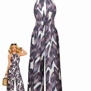 Purple 1970s Tropical Print V-Neck Wide Leg Jumpsuit