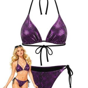 Purple 1980s Halter Metallic Snakeskin Print Bikini Set