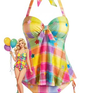 [Pre-Sale] Rainbow 1970s Plaid Star Halter Tankini Set