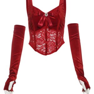 Red 1930s Velvet Lace Tank Top With Gloves
