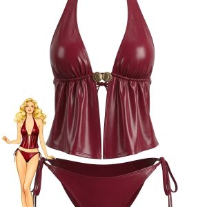 Red 1940s Faux Leather Halter Shell Tankini Set