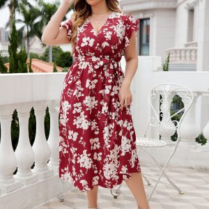 [Plus Size] Red 1940s Floral V-Neck Belted Dress
