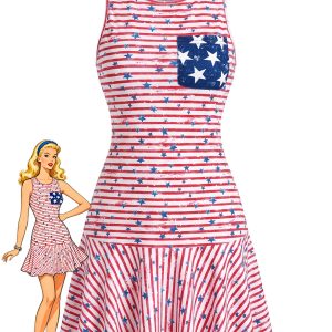 Red 1940s Striped & Star Sleeveless Dress