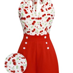 Red 1950s Cherry V-Neck Halter Lace-Up Romper