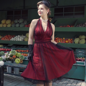 Red 1950s Dots Mesh Swing Dress