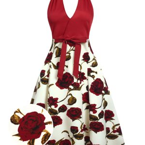Red 1950s Halter Roses Bow Dress