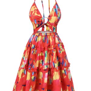 Red 1950s Hollow Out Ruffles Halter Dress