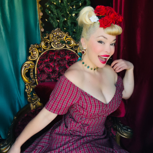 Red 1950s Plaid Ruched Sweetheart Neck Bow Dress