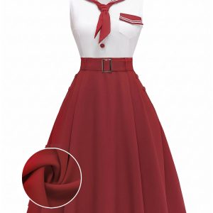 [Pre-Sale] Red 1950s Sailor Collar Belted Sleeveless A-Line Dress