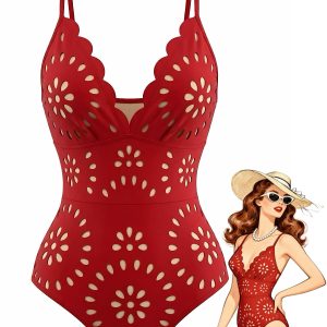Red 1950s Solid Burnout Petal Collar Swimsuit