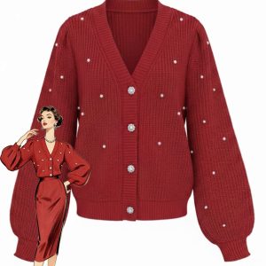 Red 1950s Solid Pearl Beading Loose Knit Cardigan