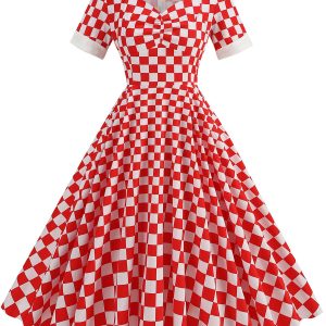 Red 1950s Sweetheart Neck Plaids Dress