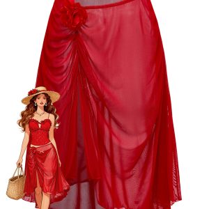 Red 1960s 3D Floral Mesh High-Low Cover-Up