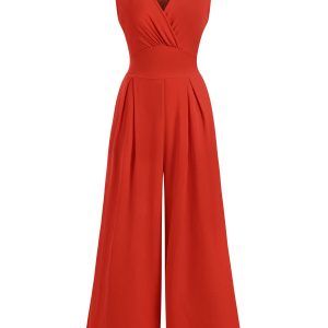 Red 1960s V-Neck Sleeveless Wide Leg Jumpsuit