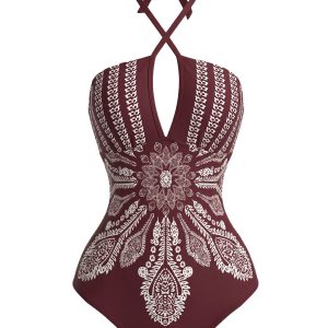 Red 1970s Mandala Cross-Halter Boho One-Piece Swimsuit