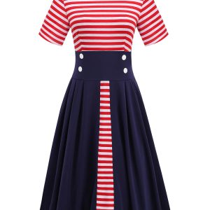[Pre-Sale] Red & Blue 1970s Stripe Patchwork Swing Dress