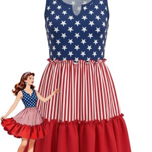 Red & Blue 1940s Patriotic Star Stripe Sleeveless Ruffle Swing Dress