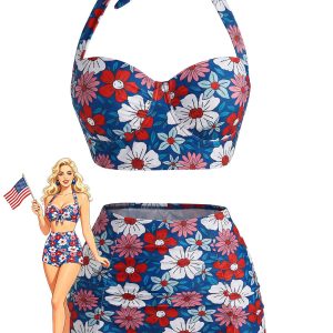 [Pre-Sale] Red & Blue & White 1950s Floral Halter Bikini Set