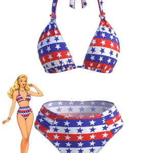 Red & Blue & White 1960s Star & Striped Bikini Set