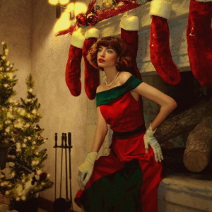 Red & Green 1950s Chrismtas Tree Off-Shoulder Dress