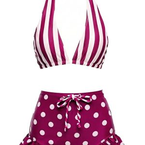 Red & White 1940s Striped Halter Polka Dot Ruffled Swimsuit