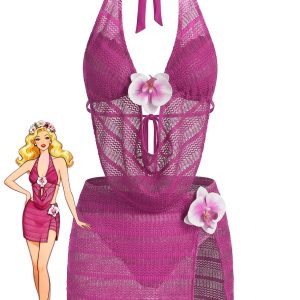 Rose Red 1950s Halter Cutout Bikini Set & Cover-Up