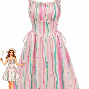 1950s Ruffled Square Neck Sleeveless Floral Print Swing Dress