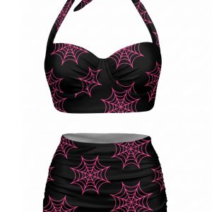 [Pre-Sale] Black 1950s Spider Web Lace-Up Halter Swimsuit
