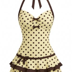 [Pre-Sale] Cream 1940s Halter Bow Polka Dot Swim Dress