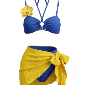 3PCS Blue 1980s Phalaenopsis Halter Bikini Set & Yellow Sarong