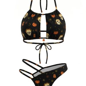 Black 1980s Gothic Skull Bikini Set
