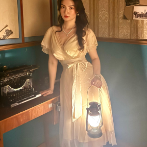 Champagne 1950s Satin Belt Tulle Cocktail Dress