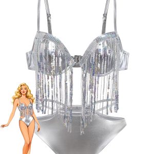 Silver 1970s Holographic Sequin Fringe Bikini Set