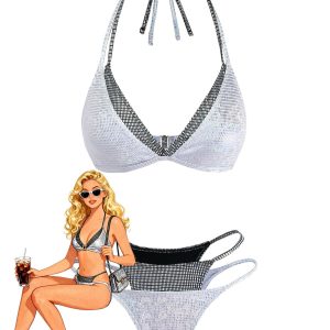 Silver 1980s Halter Shimmer Fake Two-Piece Bikini Set