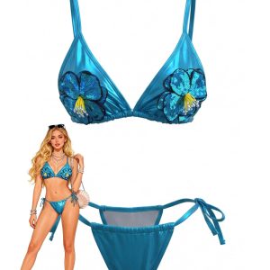 Sky Blue 1980s Sequined 3D Floral Bikini Set