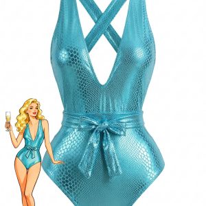 Turquoise Y2K Mermaid Scale Bow Metallic One-Piece Swimsuit