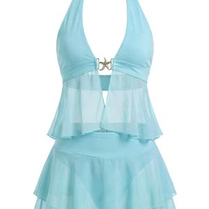 Turquoise 1950s Chiffon Starfish Halter Ruffled Tankini Set