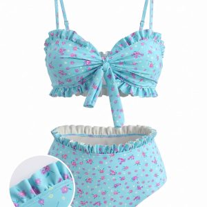 Turquoise 1950s Floral Ruffle Tie-Front High-Waist Bikini Set
